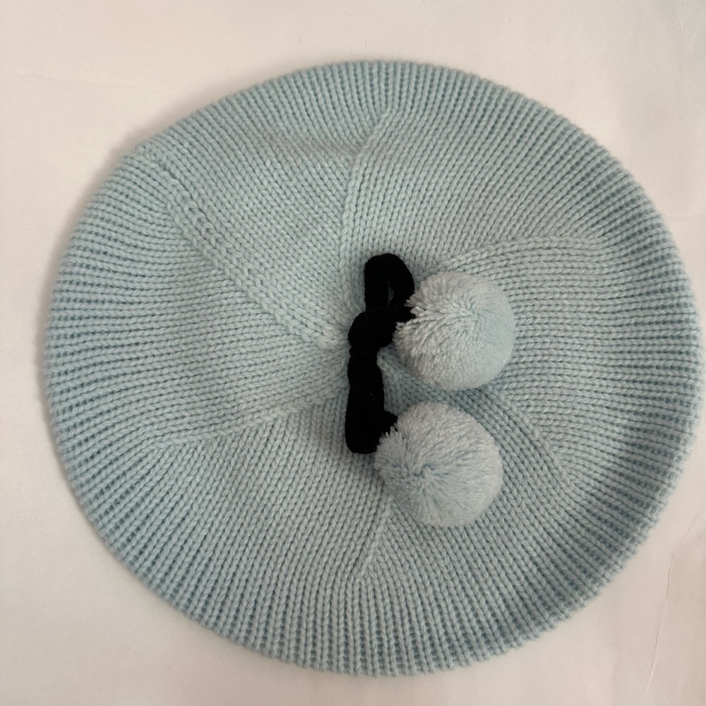 Light Blue Knit Beret with Pom Poms